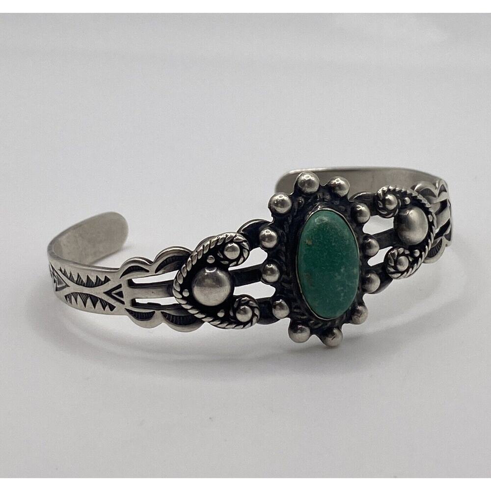 VTG Bell Trading Fred Harvey Era Sterling Turquoise Heart Stamped Cuff Bracelet